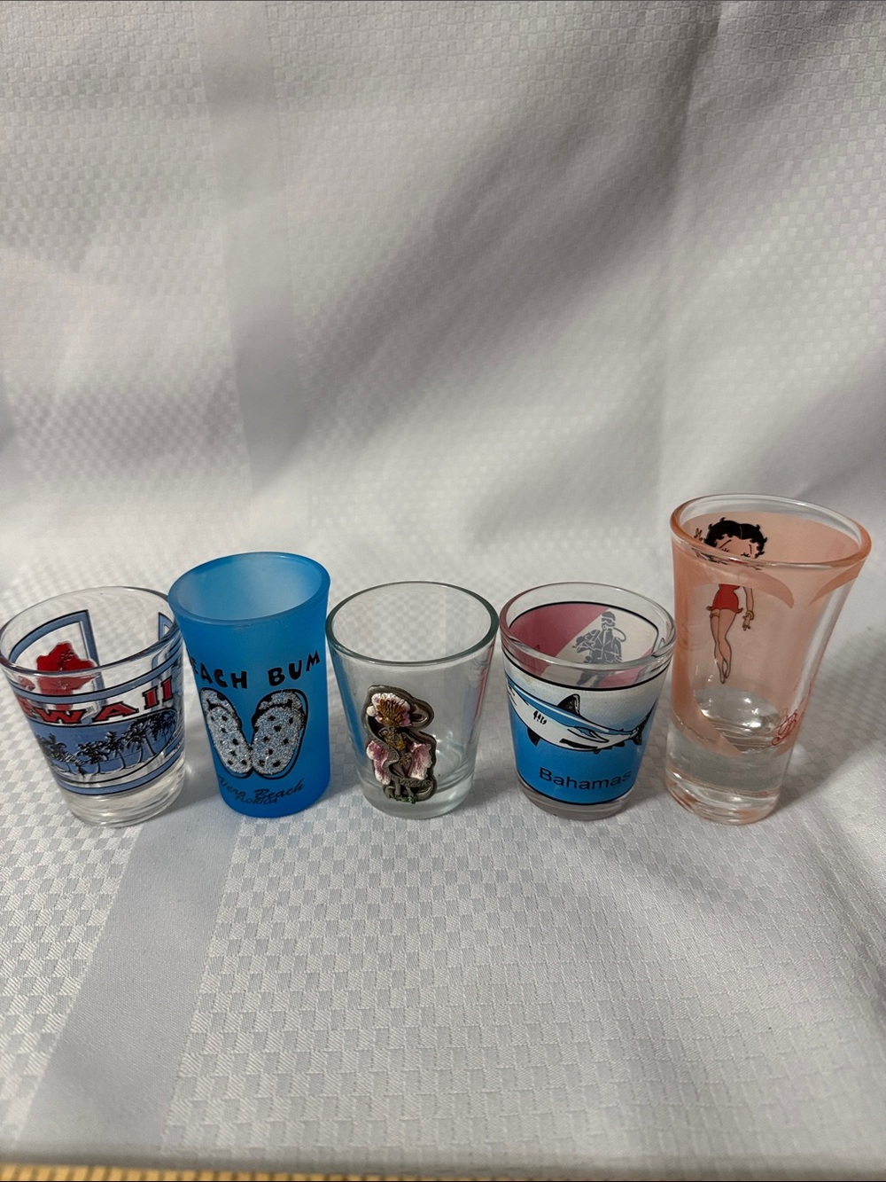 Lot of 5 Vintage Assorted Travel Shot Glass Set - Blue, Clear, Pink, Coral